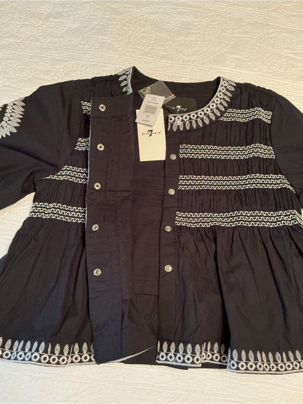 7 For All Mankind Small Navy Blue Embroidered Peasant Jacket Snap-Front Top - Picture 8 of 13
